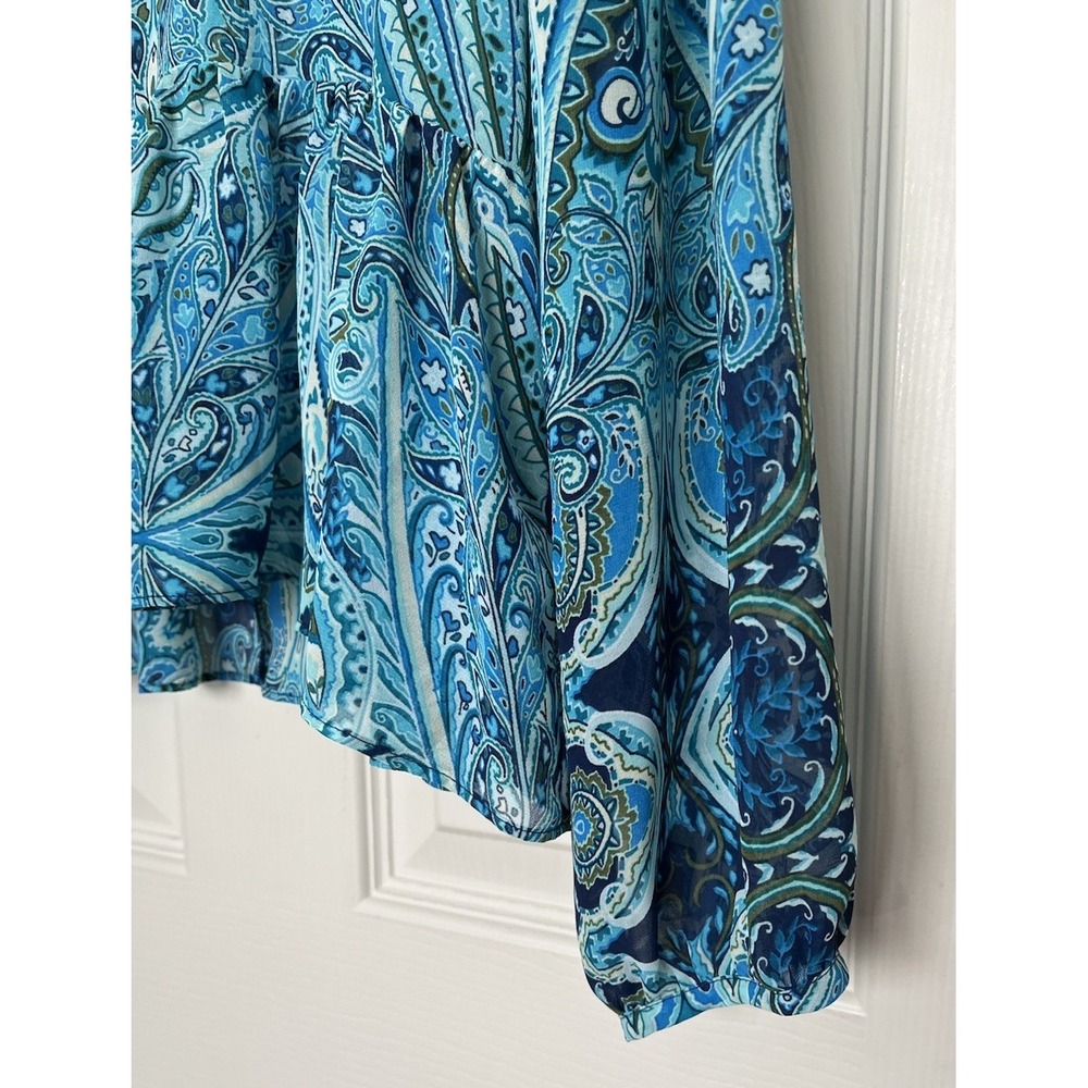Belle Sky Sheer Ruffle Blouse Turquoise Paisley Womens M Whimsy Boho - Picture 3 of 9